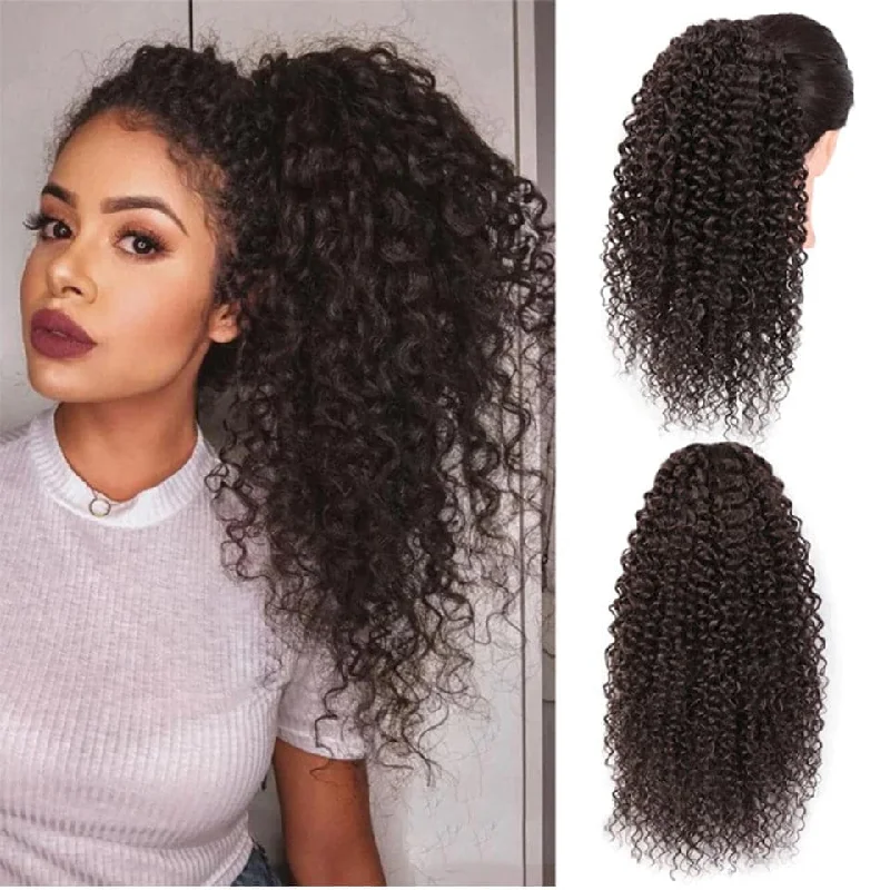 Ponytails with a middle - part for a classic and elegant style#2 Dark Brown Afro Curly Drawstring Ponytail Human Hair Extensions