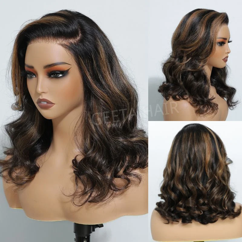 Wavy wig with auburn undertones for a unique and eye - catching color24 Hours Shipping Highlight Brown Glueless G1B/30 Color Body Wave 13x4 HD Lace Front Wig Pre Plucked 180% Density