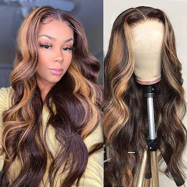 Wavy wig with a water - wave texture for a unique and stylish choiceLolly Highlight Wig Brazilian Body Wave Wig 13x4 Lace Front Human Hair Wig 4/27