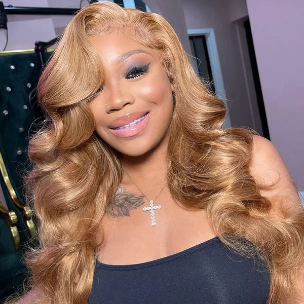 Wavy wig with a 180 - density for a full and thick appearance5x5 Honey Blonde Lace Front Wig 27 Colored Body Wave Human Hair 4x4 Closure Wigs