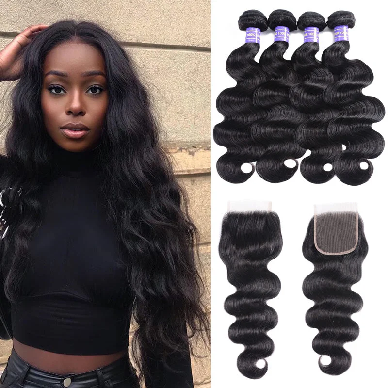 Wavy wig with a pre - bleached knot for a natural - looking scalpSunber Hair Brazilian Body Wave Remy Human Hair 4 Bundles With 4*4 Lace Closure 100% Human Hair Extensions