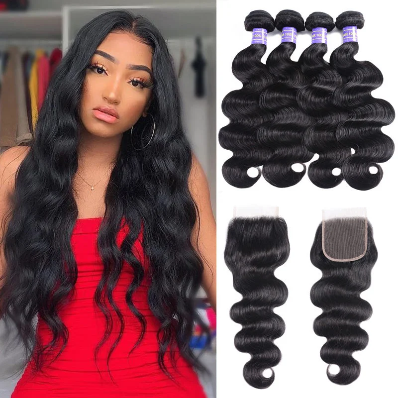 Virgin - human - hair wavy wig for the highest qualitySunber Hair Remy Human Hair Black Peruvian Body Wave Hair 4 Bundles with Lace Closure 100% Affordable Human Hair