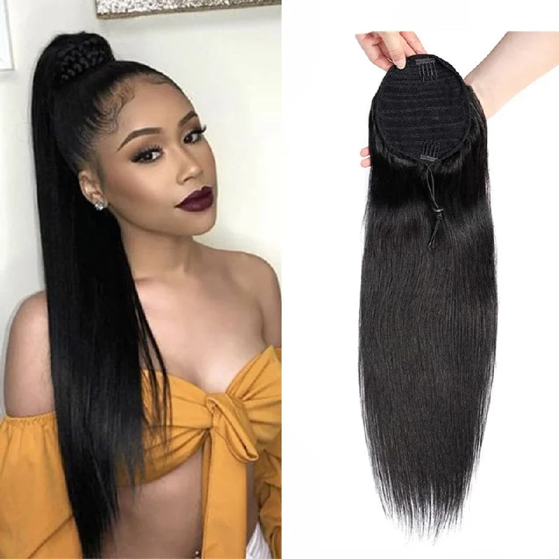 Black - colored ponytails for a classic and timeless appearanceBrazilian Straight Drawstring Ponytail Extensions Natural Hair