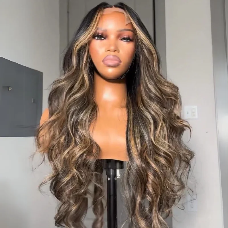 Wavy wig with a natural - looking root for a more realistic lookBalayage Highlights Body Wave Wig 13x4 Lace Front Human Hair Wigs Honey Blonde Highlights Wigs