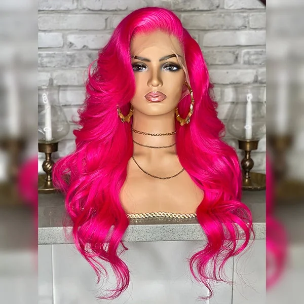 Wavy wig with a middle - part for a classic and elegant styleBarbie Hot Pink Lace Wig 13x4 HD Transparent Body Wave Lace Front Wig Colored Human Hair Wigs