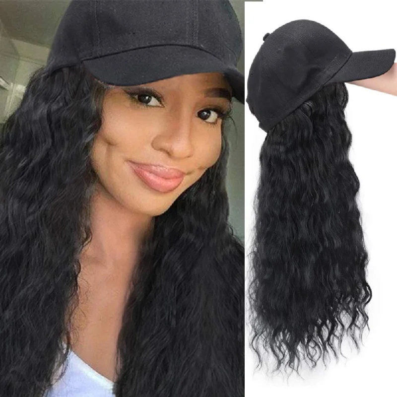 Wavy wig with a natural - looking root for a more realistic lookBaseball Cap Wig With Brazilian Human Hair Extensions Natural Wavy Wig Hat Black