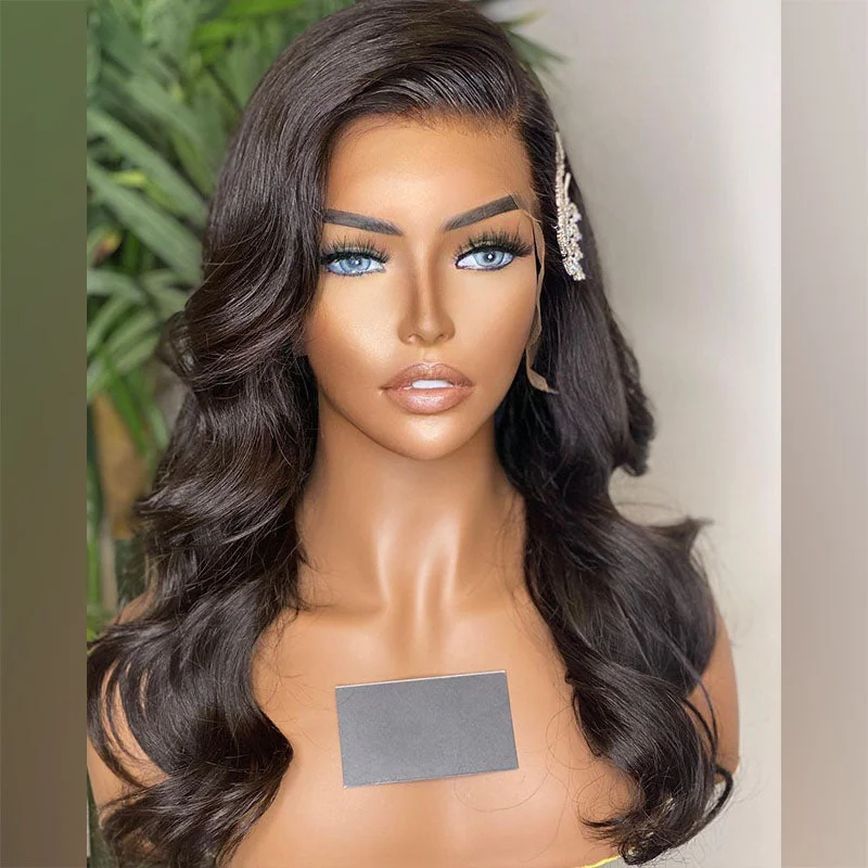 Wavy wig with a 180 - density for a full and thick appearanceBeeos 13x4 Straight & Body Wave Skinlike Real HD Lace Full Frontal Human Hair Wig BL215 Ship From Amazon