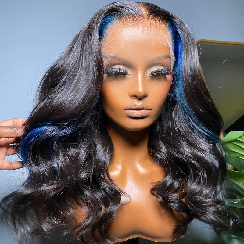 Wavy wig with a water - wave texture for a unique and stylish choiceBeeos 13X4 SKINLIKE Real HD Full Frontal Lace Wig Black With Blue Skunk Stripe Body Wave BL161