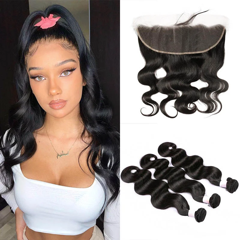 Lace - front wavy wig for a realistic hairlineBeeos 13x4 SKINLIKE Real HD Lace Frontal With 3Pcs Bundles Deal Body Wave BU12