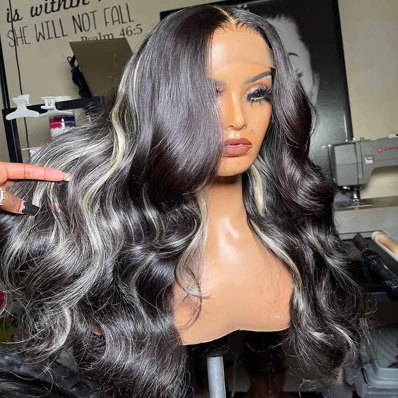 Wavy wig with a 180 - density for a full and thick appearanceBEEOS 13X4 SKINLIKE Real HD Lace Full Frontal Wig Blonde Highlight Body Wave BL016