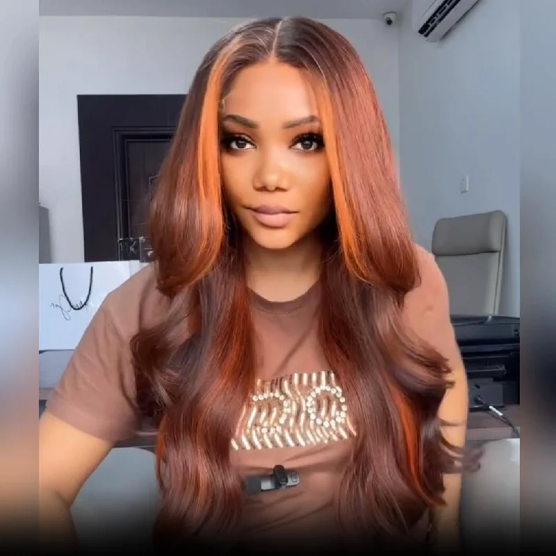 Synthetic wavy wig with a heat - friendly formulaBlack Friday Brown Highlight Body Wave HD Transparent Lace Front Wig Copper Color Face Frame Highlights Human Hair Wigs