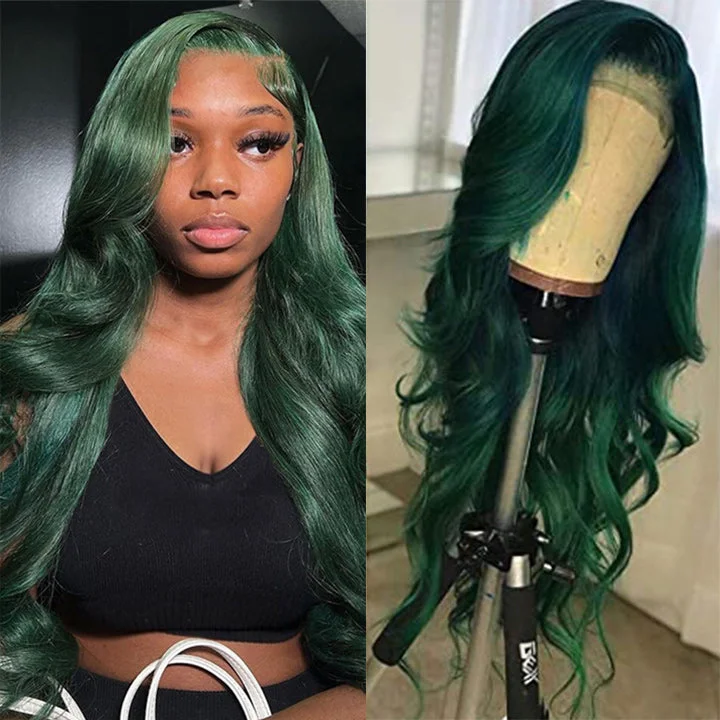 Wavy wig with a 180 - density for a full and thick appearanceBlack Friday Dark Green Body Wave HD Transparent Lace Wig Blackish Green Pre Plucked Human Hair Wigs