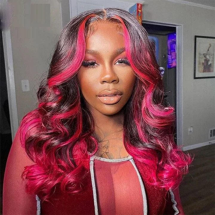 Wavy wig in a chocolate - brown color for a rich and warm appearanceBlack With Pink Highlight Stripes Body Wave Lace Front Wig 100% Real Human Hair