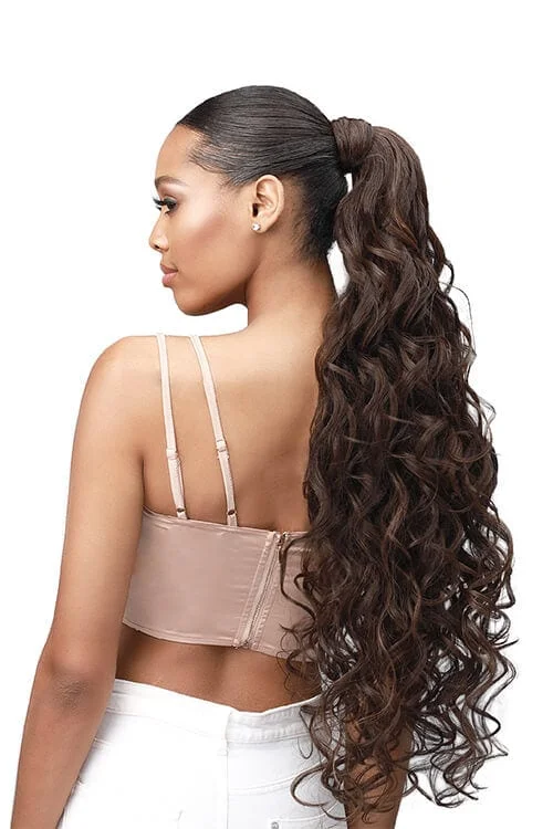 Ponytails with a pre - attached bow for a cute and girly lookBobbi Boss Boss Up Romance Curl Professional Wrap Pony 30"