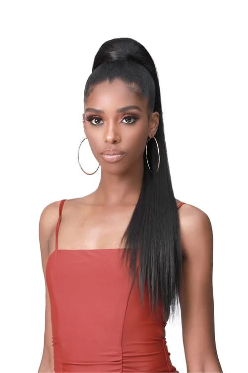 Ponytails with adjustable length for a customized fitBobbi Boss Miss Origin Designer Mix Tress Up Yaky Straight 28” Human Hair Blend Ponytail MOD010