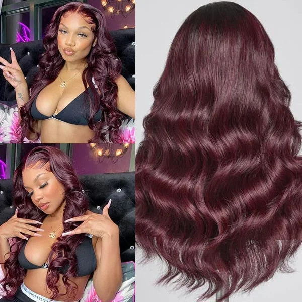 Wavy wig with a side - part for a more flattering lookDark 99J Burgundy Body Wave 13x4 Frontal Lace Glueless Wig 100% human hair