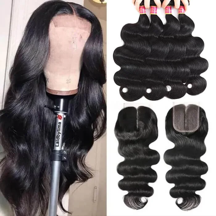 Wavy wig with a natural - looking root for a more realistic lookBody Wave Hair 4 Bundles With Closure 7A Grade 100% Virgin Human Hair