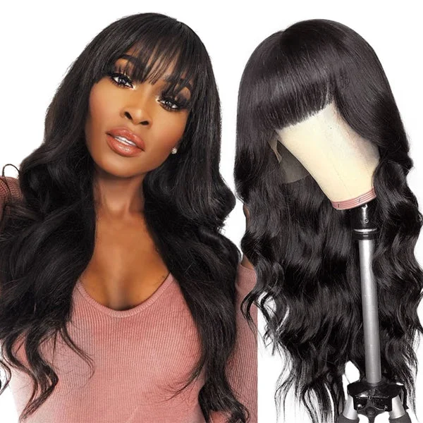 Body - wave wig with a full and voluminous lookBody Wave Wig With Bangs 99J Colored Wigs With Bangs Machine Made Ginger Brazilian Hair Human Hair Wigs