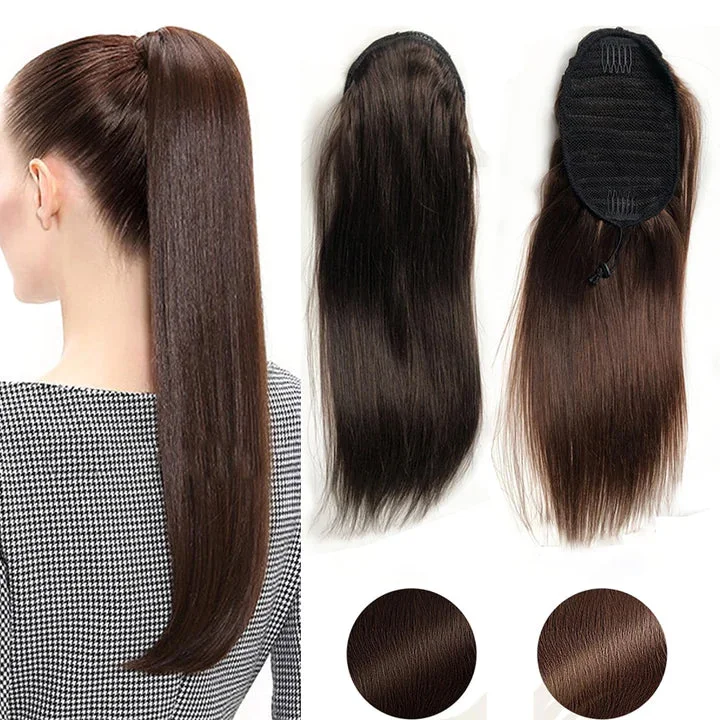 Ponytails with a side - swept bang for a flattering and stylish lookBrazilian #2 Color / #4 Color Straight Drawstring Ponytail Human Hair Extension