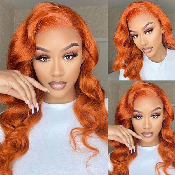 Human - hair wavy wig for a natural and luxurious feelLolly Ginger Orange 13x4 HD Lace Front Wigs Burnt Orange Body Wave Human Hair Wigs For Women