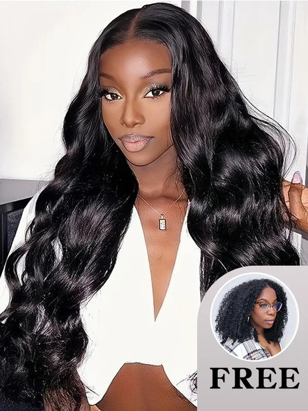 Wavy wig with a 180 - density for a full and thick appearanceBuy 1 Get 1 | Pre-bleached HD Lace 4x6 Wear Go Body Wave Wigs & Kinky Curly 13x4x1 Lace T-Part Wigs 180% Density