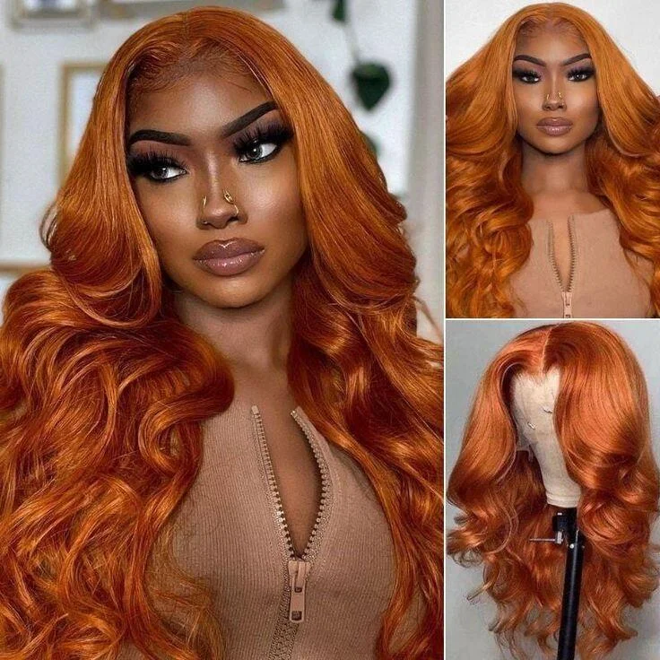 Wavy wig in a chocolate - brown color for a rich and warm appearance#350 Ginger Body wave T Part / Lace Frontal Human Hair Wigs For Women