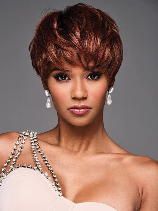 Short wig in a fiery red color for a vibrant appearanceJada | Heat Friendly Extended Synthetic Lace Front Wig (Mono Top) by Kim Kimble