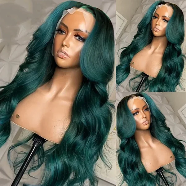 Wavy wig with a middle - part for a classic and elegant styleMo Green atrovirens Color Body Wave Lace Front Wigs for Women