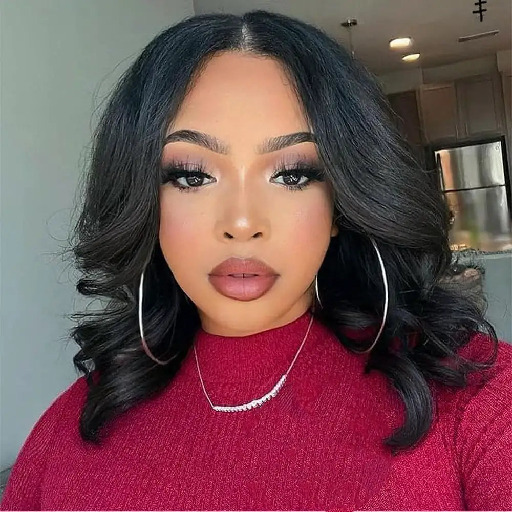 Human - hair wavy wig for a natural and luxurious feelFace Framing Layers Cut Shoulder Length 4x4 Lace Frontal Bob Wig Salon Hairstyles Body Wave Human Hair