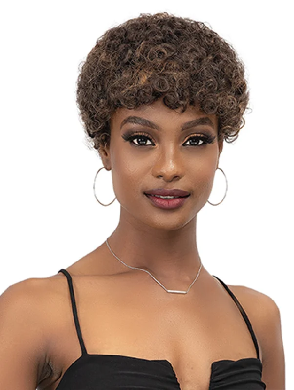 Layered short wig to add volume and dimensionFemi Collection MS. AUNTIE 100% Premium Fiber ARIA Wig