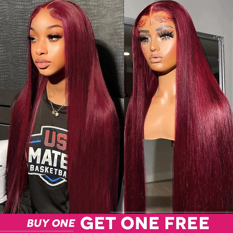 Wavy wig with a pre - bleached knot for a natural - looking scalp[Ishow Bogo Free] Ready To Wear 99J Burgundy Color Body Wave/Straight Hair 5x5 Lace Closure Glueless Wig