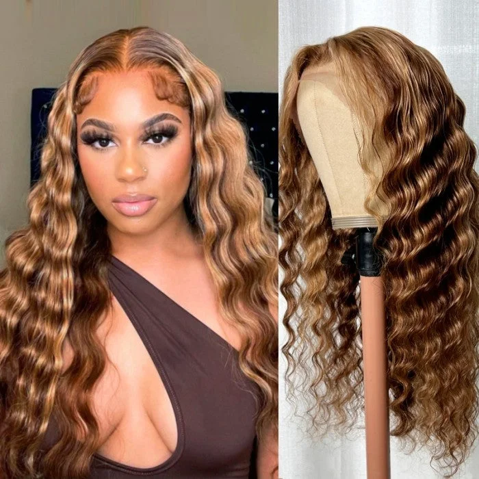 Wavy wig with a middle - part for a classic and elegant styleFlash Sale Sunber Honey Blonde Highlight Piano 13x4 Lace Front Wig With Deep Wave Human Hair Wig