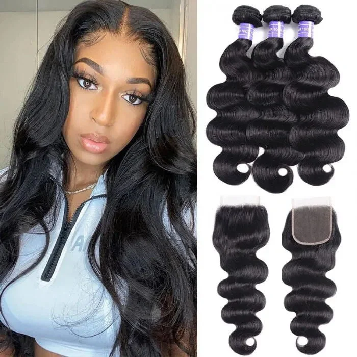 Wavy wig with a 180 - density for a full and thick appearanceSunber Brazilian Body Wave Affordable Remy Human Hair 3 Bundles With 4x4 Swiss Lace Closure