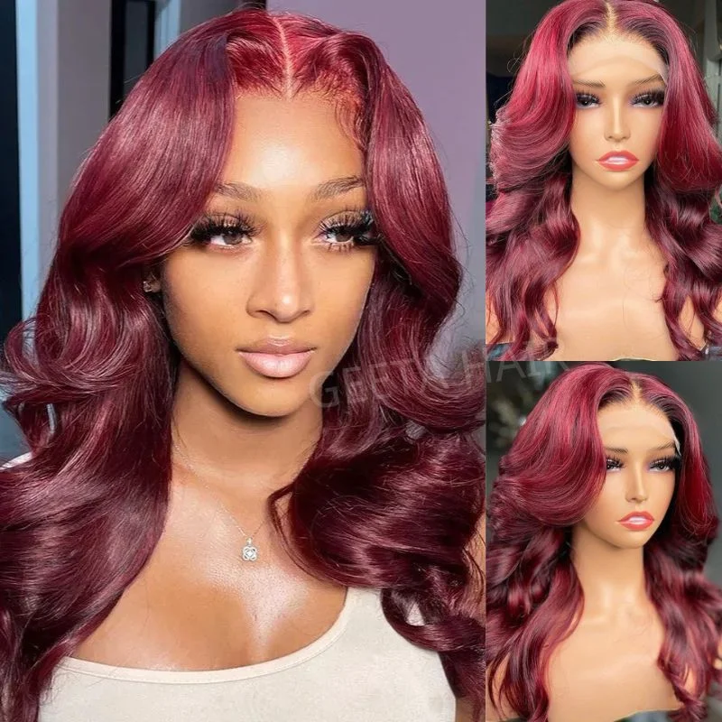 Wavy wig with a pre - styled curl pattern for convenienceGlueless Wigs 99J Burgundy Body Wave Lace Front Wig  Colored Pre Plucked Nature Hairline Human Hair Wigs-GeetaHair