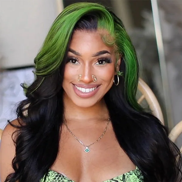 Wavy wig with a middle - part for a classic and elegant styleGreen Skunk Stripe Hair Wig Colored Lace Front Wigs Body Wave Human Hair Wigs with Green Streaks