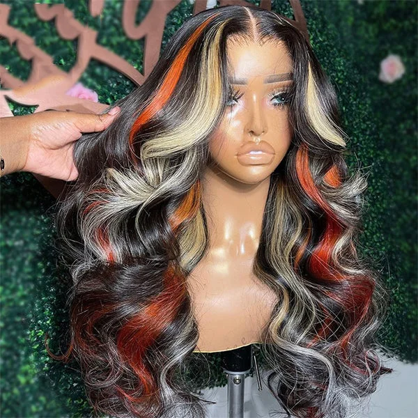 Wavy wig with a pre - bleached knot for a natural - looking scalpHighlights Orange Blonde Straight/Body Wave Lace Frontal Human Hair Wigs For Women