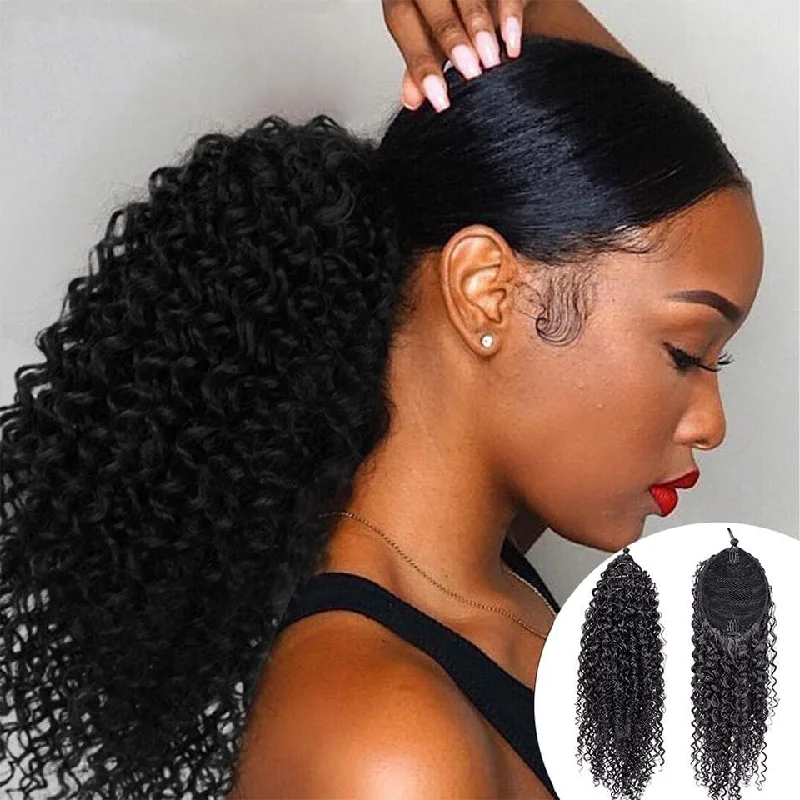 Ponytails with adjustable length for a customized fitKinky Curly Drawstring Ponytail Human Hair Extensions For African American