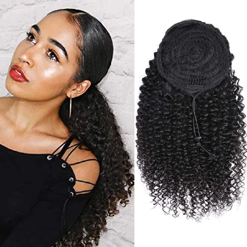 Human hair ponytails with a natural shine for a luxurious lookKinky Curly Drawstring Ponytail Brazilian Human Hair For Women Extensions