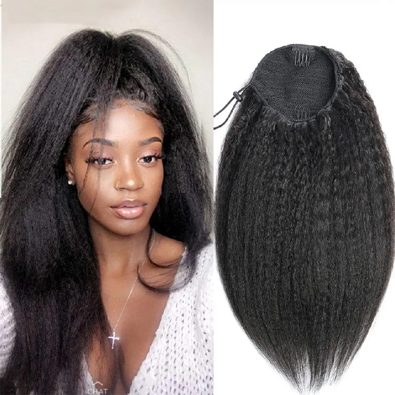 Ponytails with a side - swept bang for a flattering and stylish lookKinky Straight Drawstring Ponytail Extensions Hair 8-26 inch Long