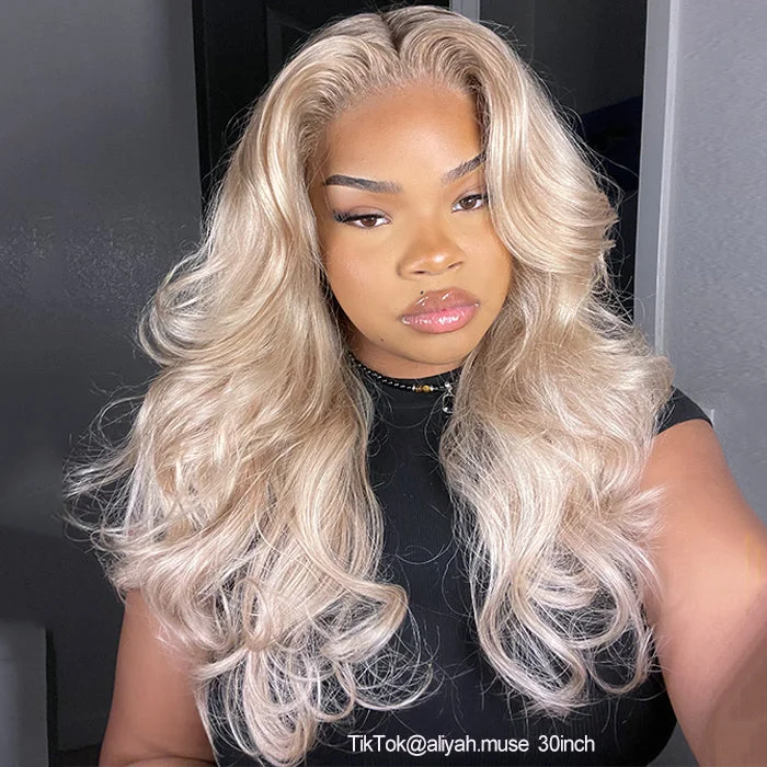 Wavy wig with a wavy bang for a trendy and modern styleLumiere #613 Blonde body Wave 13x4 Lace Frontal 4x4 HD Lace Human Hair Wigs (No Code Need)