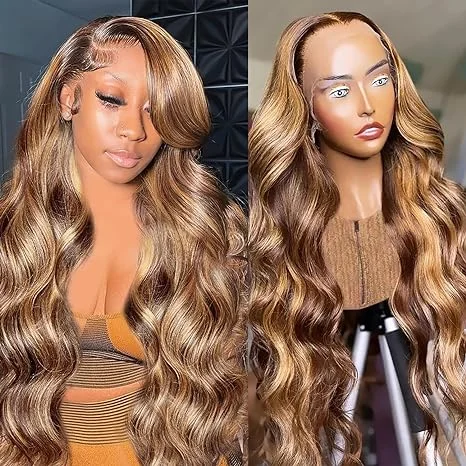 Wavy wig with a 180 - density for a full and thick appearanceLumiere 13x4 Body Wave Highlight Lace Front Wig Human Hair P4/27 Colored Wigs Honey Blonde Glueless Wigs (No Code Need)