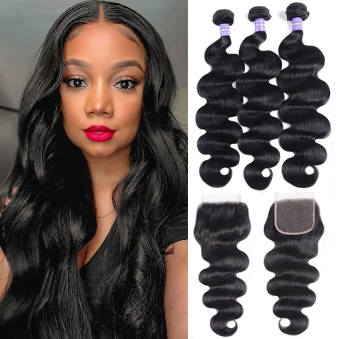 Wavy wig in a chocolate - brown color for a rich and warm appearanceSunber Malaysian Body Wave 3 Bundles Weaves with 4x4 Lace Closure Affordable Remy Human Hair