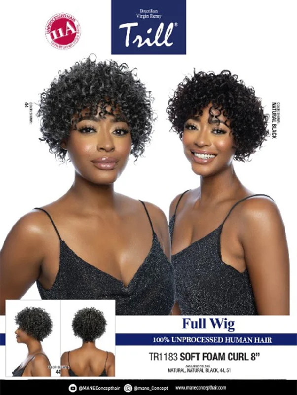 Short wig with a pre - plucked hairline for a more natural lookMane Concept Trill 100% Unprocessed Human Hair Full Wig - TR1183 SOFT FOAM CURL 8"