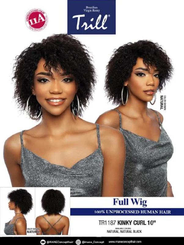 Short wig with auburn highlights for a warm and rich colorMane Concept Trill 11A 100% Unprocessed Human Hair Full Wig-KINKY CURL 10"(TR1187)