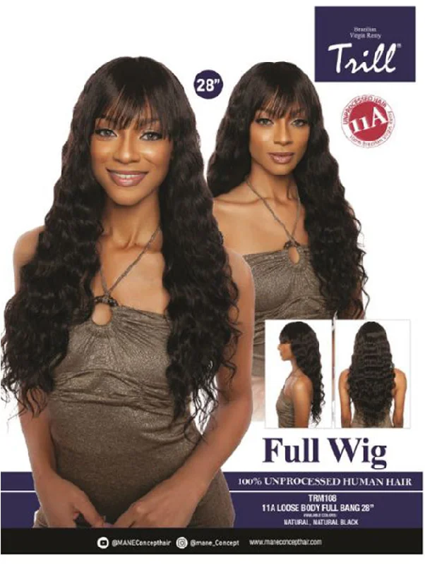 Adjustable - cap short wig for a customized and comfortable fitMane Concept Trill 11A 100% Unprocessed Human Hair Full Wig - LOOSE BODY FULL BANG 28"(TRM108)