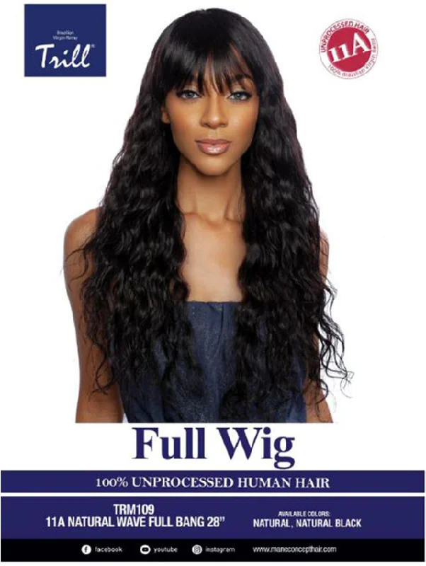 Short wig with a curly texture for a playful and youthful vibeMane Concept Trill 11A 100% Unprocessed Human Hair Full Wig - NATURAL WAVE FULL BANG 28"(TRM109)