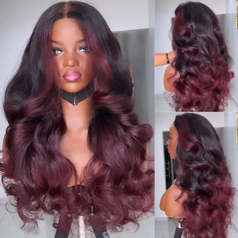 Heat - resistant wavy wig for easy styling at homeOmbre Burgundy Lace Front Wig Body Wave 13x4 99J Colored Glueless Wigs Pre Plecked -Geeta Hair