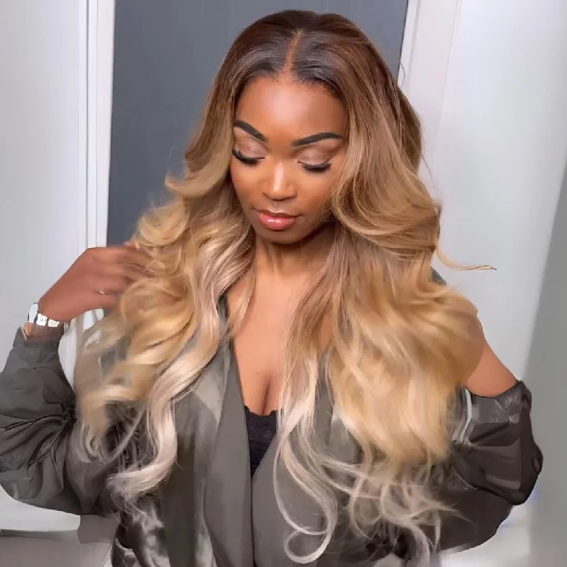 Wavy wig with a natural - looking root for a more realistic lookOmbre Honey Blonde Human Hair Wigs Natural Wavy 13x4 Lace Front Wig 180% Density Pre Plucked Honey Blonde Body Wave Wigs For Black Women