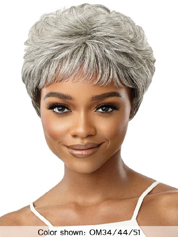 Short wig with a geometric pattern for a unique and fashion - forward designOutre  Fab & Fly Gray Glamour Human Hair Wig - THEODORA