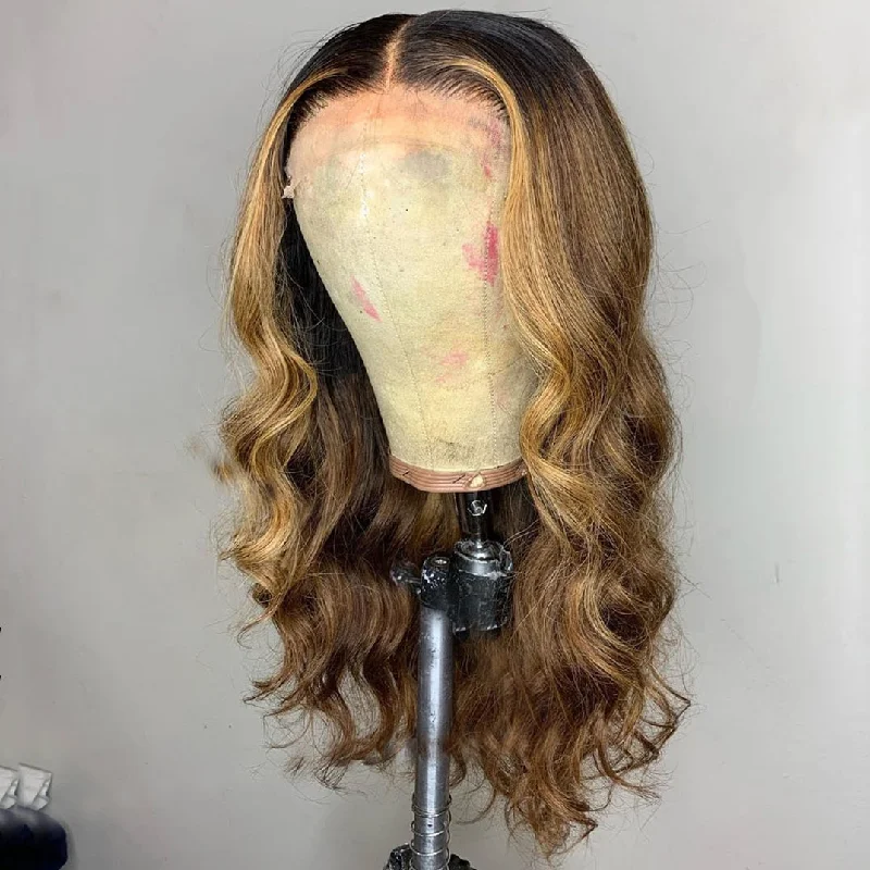 Body - wave wig with a full and voluminous lookPeruvain Hair Brown and Blond with Black Root Ombre Body Wavy Lace Front Wig